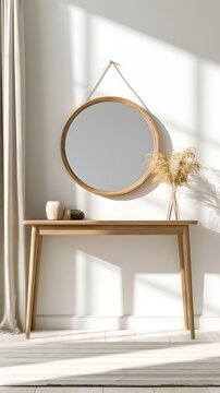 Round wooden mirror above oak console table in minimalist foyer
