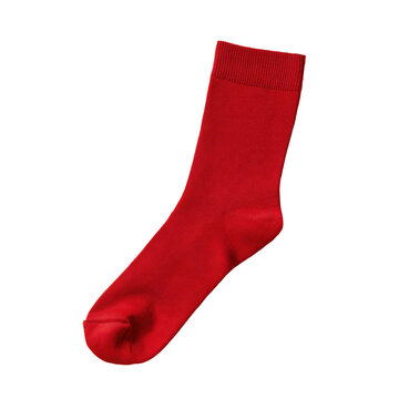 Single red sock with ribbed cuff standing during studio lighting concept Isolated on transparent background