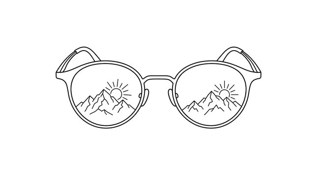A minimalist black and white line art illustration of eyeglasses reflecting a mountain landscape with a sun, ideal for travel and outdoor branding