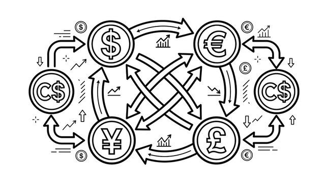 Minimal line art currency exchange icon set, global money transfer vector concept, financial trade and forex market diagram graphic