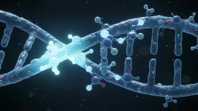 A 3D illustration of a DNA strand breaking apart against a dark background, representing genetics and molecular biology.