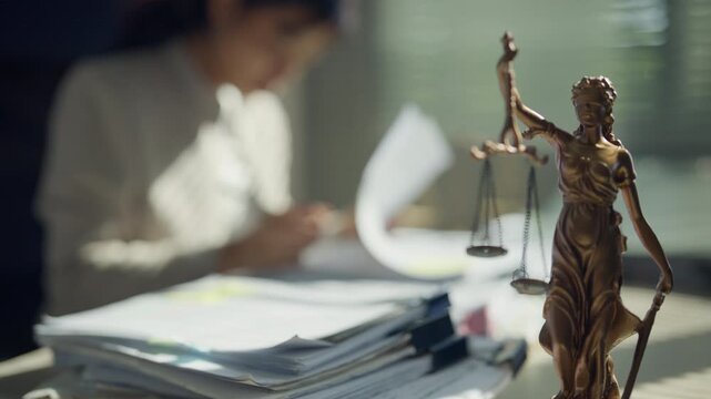 Attorney analyzing legal case documents beside scales of justice in an office, representing evidence review, legal research, litigation preparation, judicial procedures, case management, and law servi