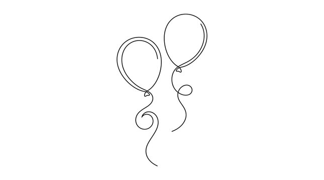 Minimalist line art drawing of two floating balloons with smooth black outlines, ideal for celebration designs