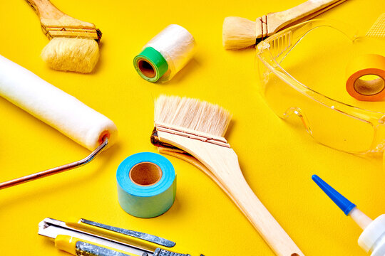 Painting Tools on Yellow Background