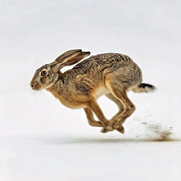 Brown Hare Running in Mid Air on White Background