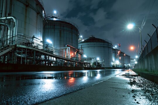 工場夜景の石油プラントに反射する光