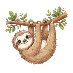 Obraz premium Cute Cartoon Sloth Hanging From Branch With Leaves and Pink Flower