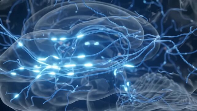Digital illustration of a human brain with glowing neural pathways and synaptic activity on a blue background