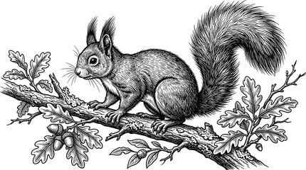 Fototapeta premium Detailed illustration of a squirrel on an oak branch