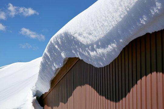 青空の下建物の屋根に深く積もった雪の重みがわかる冬景色