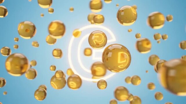 Floating golden spheres in vibrant blue space with soft light rays for creative branding and innovation concepts