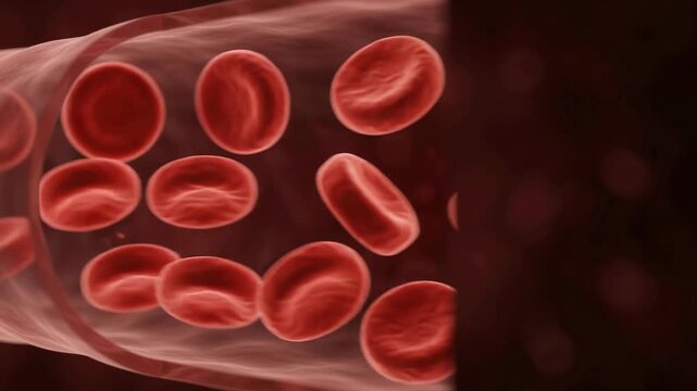 Medical 3D illustration of red blood cells flowing through a blood vessel.