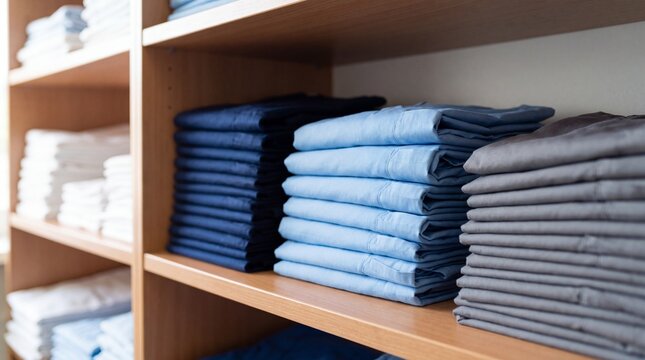 Neatly folded t-shirts stacked on wooden shelves in a modern wardrobe, organized cotton apparel display, organized clothing storage concept
