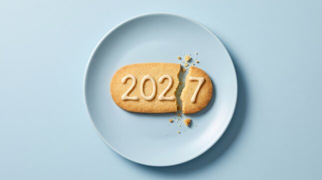Broken cookie shaped like pill with number twenty twenty seven frosted on top sitting on plate