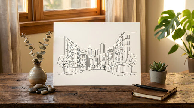 City skyline architectural sketch on wooden table with plants.