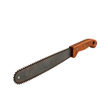 Chainsaw machete with wooden handle against a bright background isolated on transparent background