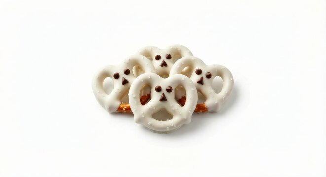 Pretzel shaped snacks arranged in a playful design on a white background