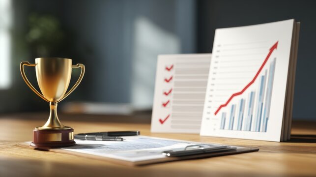 Golden trophy on financial growth chart in business environment, corporate achievement and success concept with rising revenue, leadership, performance, career milestone, financial growth and professi