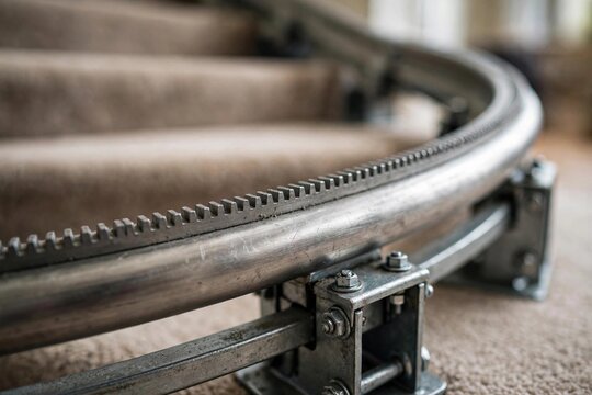 Close-up of a stairlift track rail with gear rack and bolts on carpeted stairs