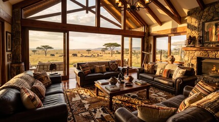 Obraz premium Rustic lodge living room overlooking wildlife on open savanna. Safari landscape with grazing elephants and herd animals. African-inspired interior design. Luxury lodge retreat.