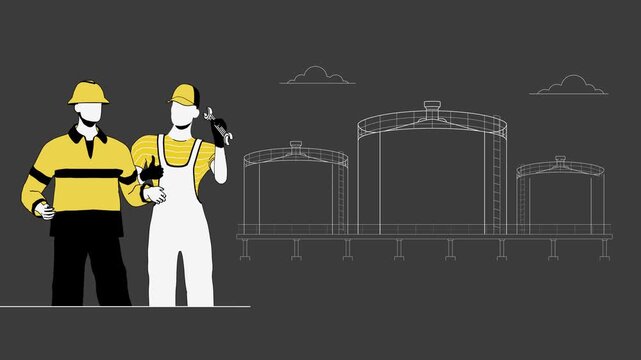 Oil Storage Facility with Industrial Workers, Large Fuel Tanks and Petroleum Infrastructure in Modern Line Art Style