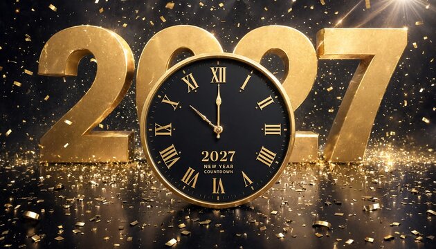 New year 2027 countdown with vintage clock and golden numbers on dark background roman numerals countdown midnight celebration confetti typography greeting glamorous metallic perspective