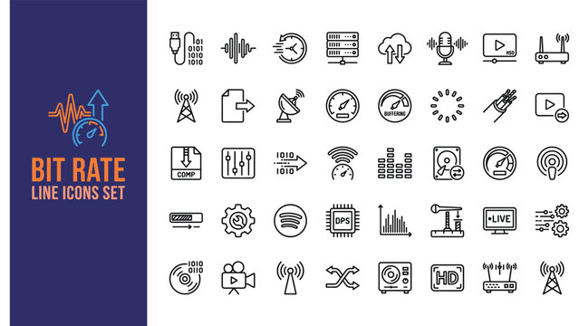 Network speed and data transfer rate line icon set containing server storage internet and streaming symbols