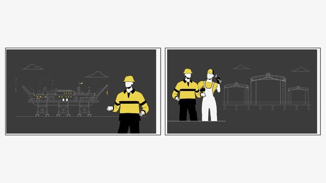 Petroleum Industry Illustration Pack with Oil Rig, Storage Facility, Safety Workers, Drilling Equipment and Industrial Line Art