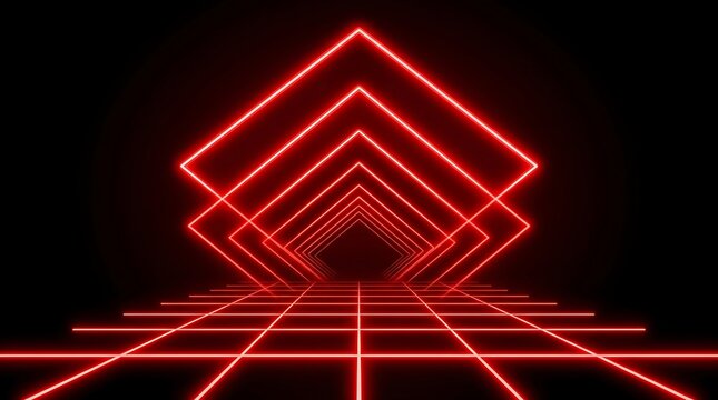 Glowing red neon geometric square frames arranged in a receding tunnel perspective above a illuminated grid floor on a black background