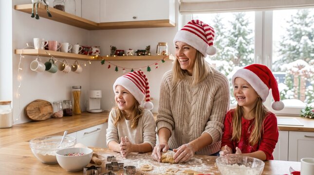 Family joyfully prepares festive holiday baking together in a bright and cozy kitchen during christmas time