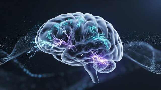 Translucent human brain with glowing neural activity and flowing particle waves on dark background, 3D animation