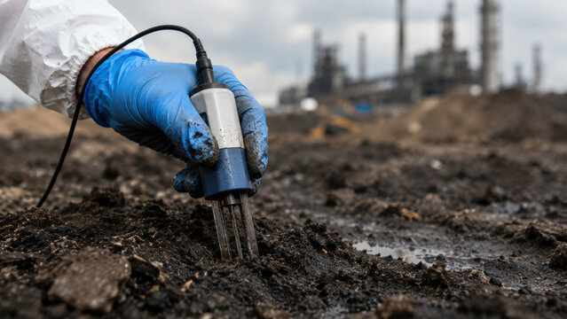 Gloved hand using soil probe on dark contaminated ground near industrial facility for environmental pollution testing and analysis