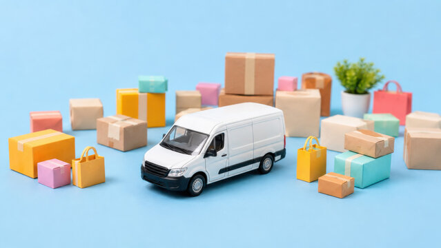 White delivery van surrounded by colorful gift box and package on blue background, miniature toy scale model logistics shipping concept