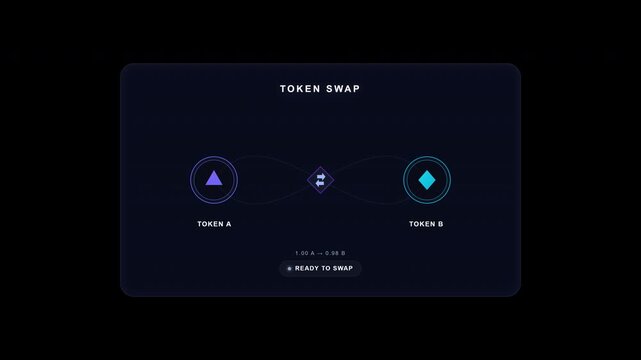 A premium DeFi token swap interface featuring two abstract digital tokens, animated bidirectional exchange arrows, traveling transaction signals, an interactive swap node, and a polished swap completi