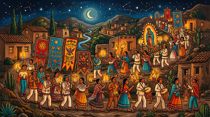 Fototapeta premium Amate bark painting, candlelit procession with banners, folk wall art