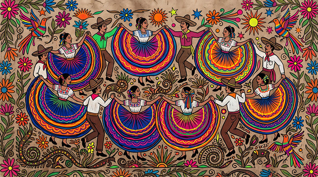 Amate bark painting, folk dancers with swirling skirts, wall art
