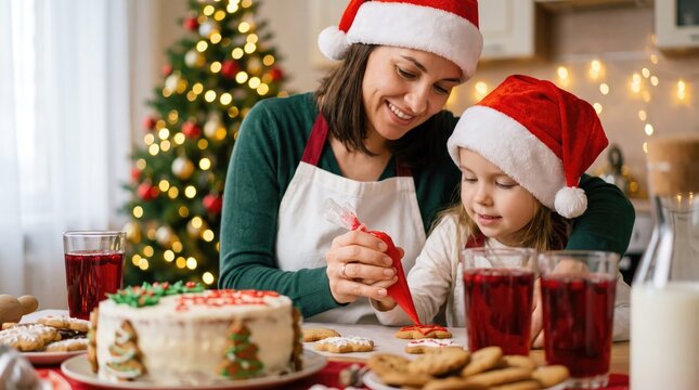 Mother and daughter wearing santa hats enjoying a festive christmas meal together at a warmly lit dining table