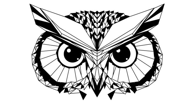 Geometric Owl Face Icon, Low Poly Style, Black and White, Vector Art, Abstract Animal Head