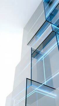 Abstract geometric architecture with blue neon light on glass panels