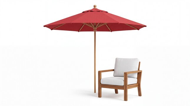 Bright red parasol shading a wooden lounge armchair isolated on white background