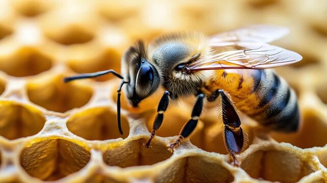 A bee moves around the honeycomb in a beehive located in a garden during the day