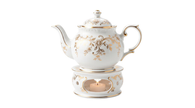 Vintage porcelain teapot with gold floral pattern, antique ceramic tea maker on warmer with candle, elegant tableware for afternoon tea service isolated PNG with Transparent Background