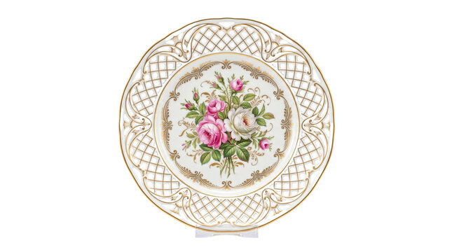Vintage floral porcelain decorative plate, antique ceramic dish with reticulated gold rim, classic pink rose tableware art isolated PNG with Transparent Background