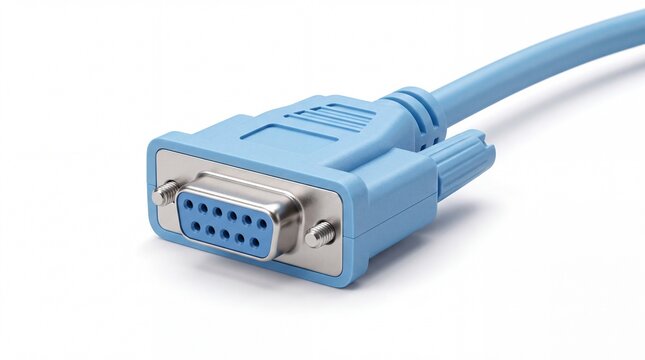 Blue serial cable connector with metal pins and plastic housing isolated on white background