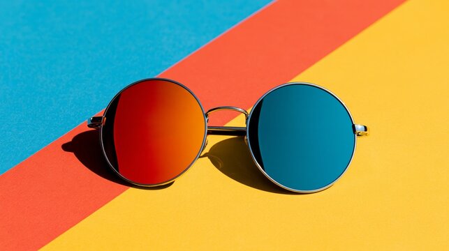 Sunglasses rest on bold, geometrically split colors