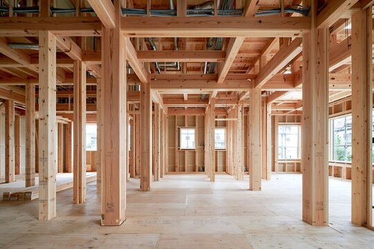 広々とした新築木造住宅の軸組工法工事現場