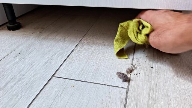 Hand cleaning dirt and debris from a tiled floor under furniture with a yellow cloth. Household cleaning, floor care, maintenance, and tidying indoors in a home