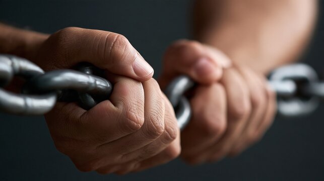 Hands grip a heavy metal chain tightly