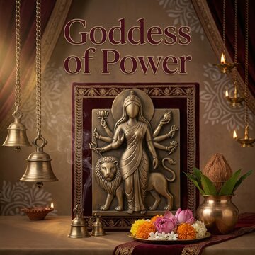 Sculptural relief plaque of multi armed goddess durga with lion mount for traditional hindu worship and festive prayer.
