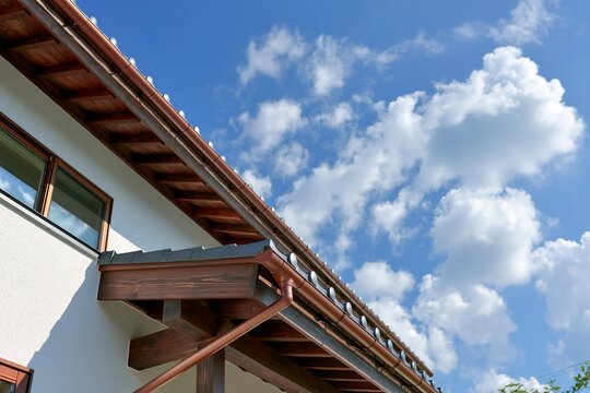 白い壁の住宅の屋根と軒樋が青空に映える快晴の日中風景